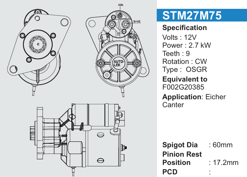 Starter Mortor Eicher Canter (self) 2.7KW 27M75  (1Pcs)