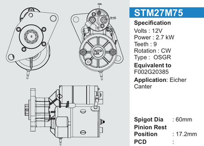 Starter Mortor Eicher Canter (self) 2.7KW 27M75  (1Pcs)